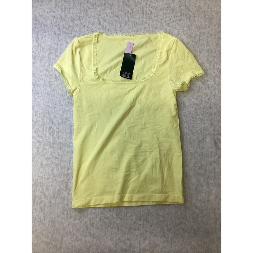 Wild Fable Womens Seamless Lace Trim Square Neck Short Sleeve Top Light Yellow M